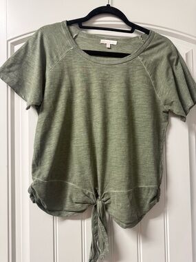Casual Tie-Front Short Sleeve Top - Olive Green
